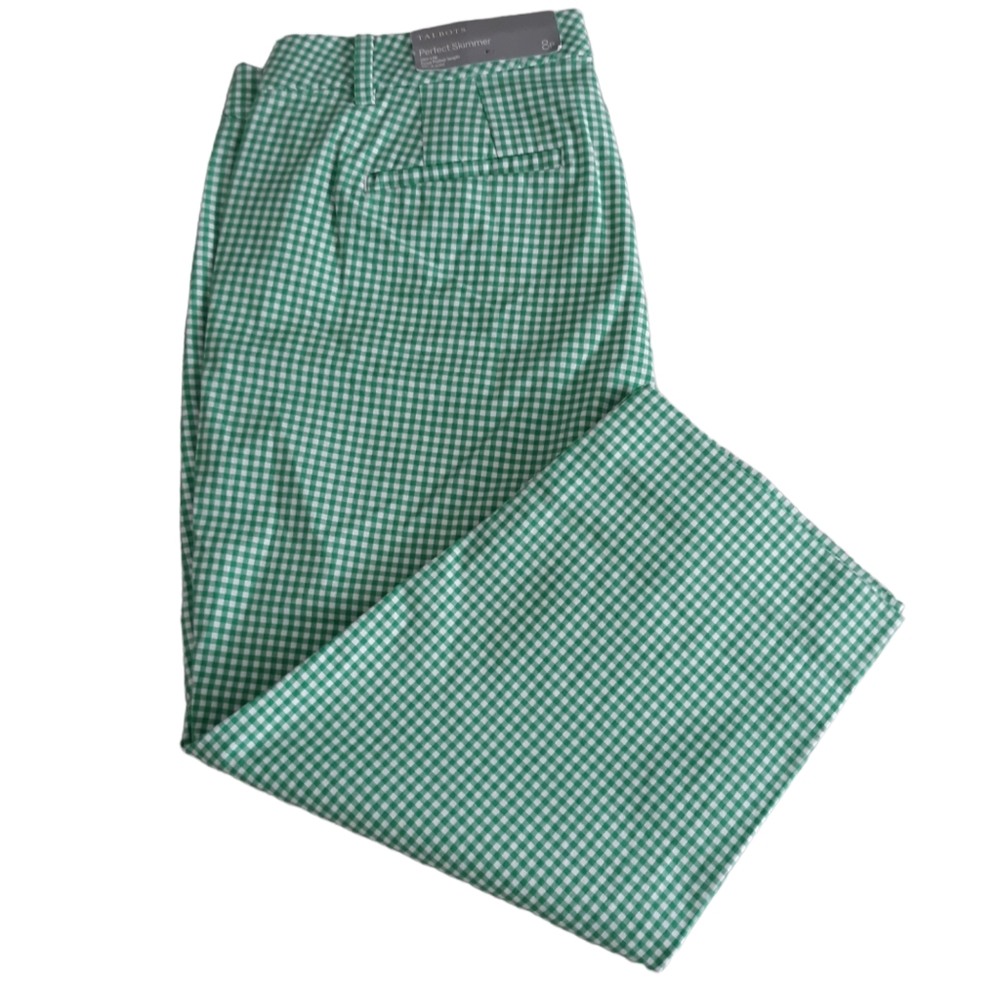 Talbots Perfect Skimmer Slim Leg Pedal Pusher Capri Pants Plaid Green Womens 8P